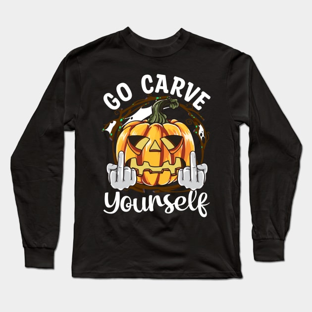 Funny Carved Pumpkin Men Women Funny Halloween Long Sleeve T-Shirt by KsuAnn